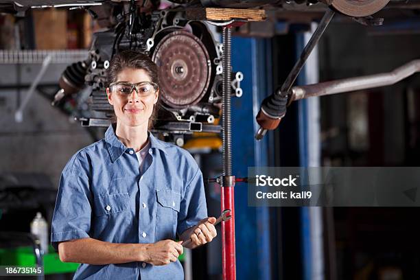 Female Auto Mechanic Working On Car Transmission Stock Photo - Download Image Now - Women, Auto Mechanic, Mechanic