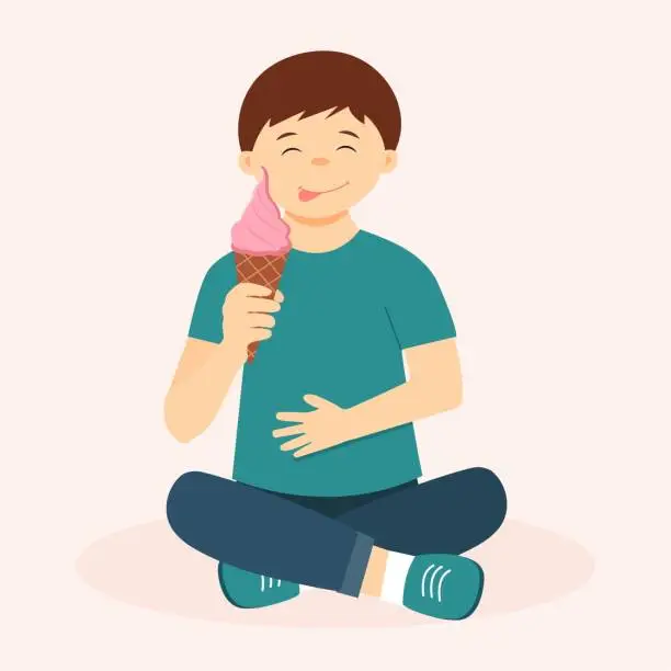 Vector illustration of Cute boy eating an ice cream.