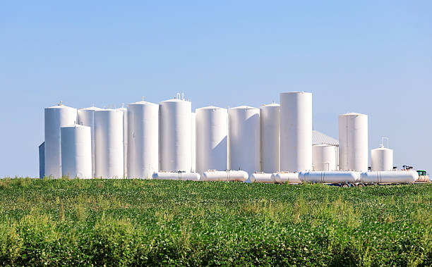 Metal tanks storing Anhydrous Ammonia stock photo