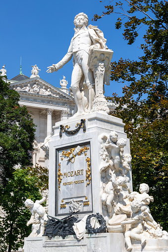 Wolfgang Amadeus Mozart Monument by Austrian sculptor Viktor Tilgner (1844–1896), unveiled in Vienna public park in 1896