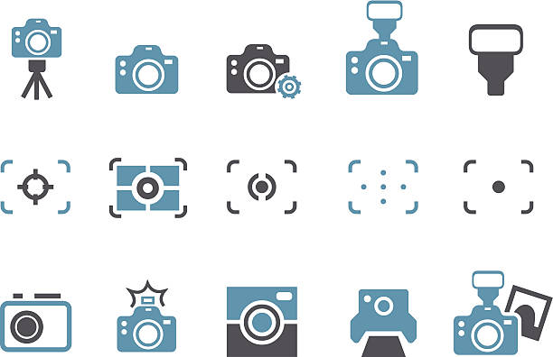 illustrazioni stock, clip art, cartoni animati e icone di tendenza di set di icona delle telecamere - interface icons flash