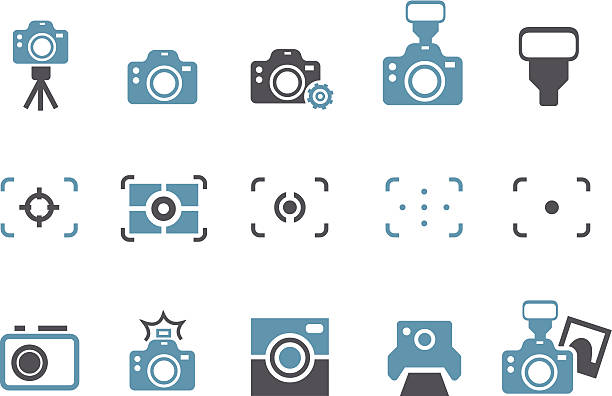 Cameras Icon Set Vector icons pack - Blue Series, cameras collection. shooting a weapon photos stock illustrations