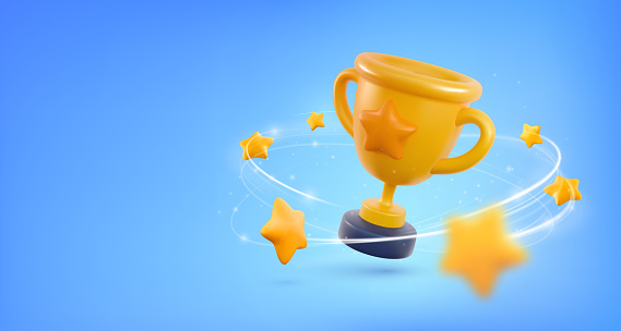Champion cup 3d vector illustration. Win prize, first place sport competition. Cartoon trophy cup with flying stars on blue background.