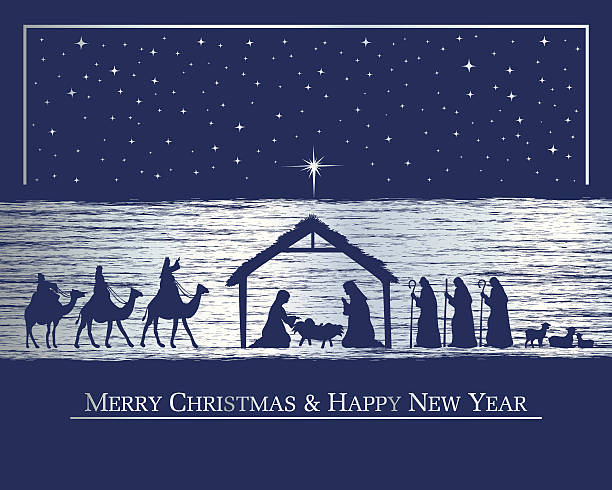stockillustraties, clipart, cartoons en iconen met nativity card - kerststal