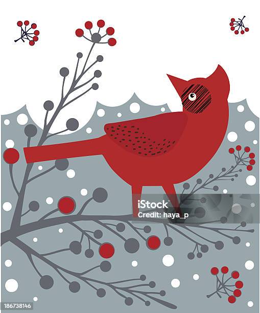 Cardinal On Branch With Red Berries And Snow Stock Illustration - Download Image Now - Berry, Berry Fruit, Bird