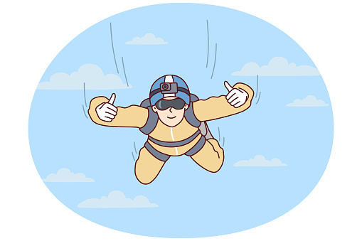 Man skydiver hangs in sky and shows two hands thumbs up after jumping from airplane. Sportsman keen on extreme hobby with camera fixed on forehead flies among clouds. Flat vector illustration