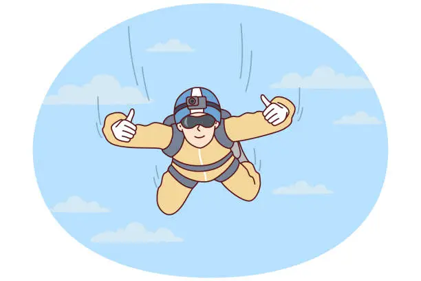 Vector illustration of Man skydiver hangs in sky and shows two hands thumbs up after jumping from airplane. Flat image