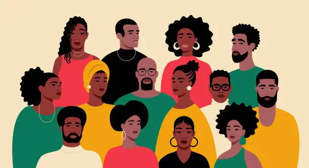 Vector illustration of A group portrait of black people. African American men and women. Black History Month. Cartoon, flat, vector illustration