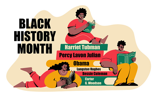 A set of layouts with African Americans. Black men and women read books. Black History Month. Cartoon, flat, vector illustration.