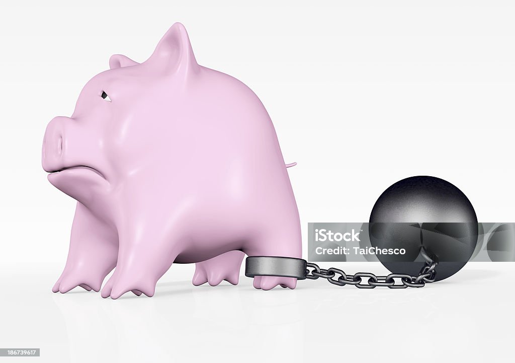 pink piggy with ball and chain a pink piggy bank with a sad expression and a ball and chain tied to his rear paw stands in front of a white background Block Shape Stock Photo