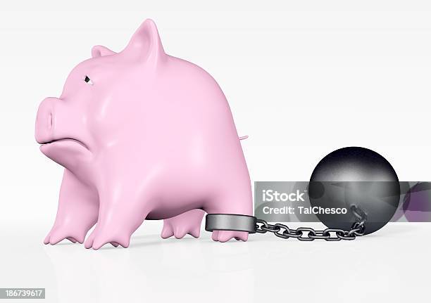 Pink Piggy With Ball And Chain Stock Photo - Download Image Now - Block Shape, Business, Chain - Object
