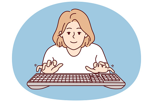 Young woman with typing keyboard looks at screen while typing e-mail message. Girl blogger or internet programmer working in casual clothes fulfilling order from freelance exchange. Flat vector image