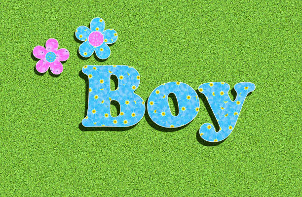 The English word Boy, written with light blue flowers, baby colour, on a green background, for baby