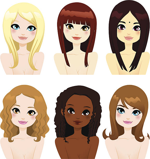 Multi-ethnic Women Long Hair Multi-ethnic group of six beautiful women faces with different long hair hairstyles women beauty hair dye stock illustrations