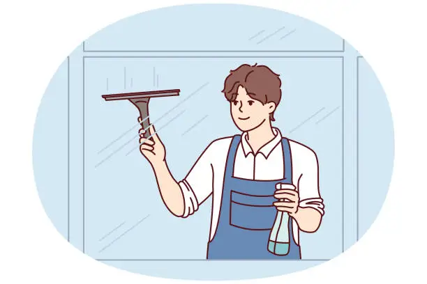 Vector illustration of Man washes windows using brush and spray bottle with detergent. Vector image