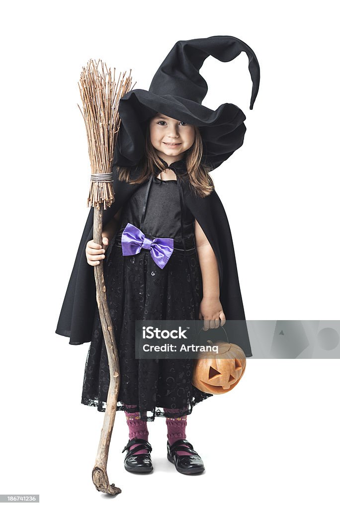 little witch with a broom and pumpkin little witch with a broom and pumpkin on a white background Broom Stock Photo