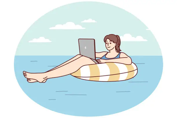 Vector illustration of Successful woman floats on air mattress in sea with laptop on lap in sunny resort. Vector image