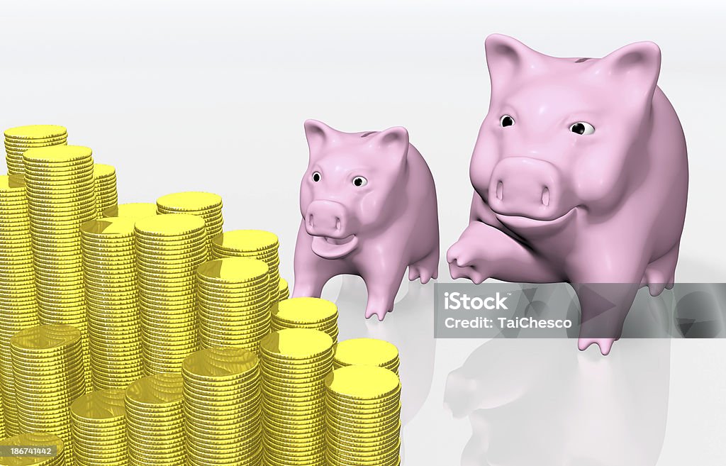 Cochon tirelire Rose indique une croissante de pièces de monnaie - Photo de Affaires libre de droits