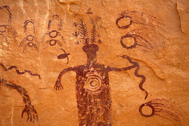 Ancient petroglyphs on the wall inside the medieval battle tower. Kharkaroi village, Chechnya (Chechen Republic), Russia, Caucasus