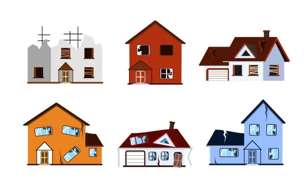Vector illustration of Set of ruined houses in cartoon style. Vector illustration of houses damaged by natural disasters, cataclysms: roofless, windowless, walls with cracks isolated on white background.