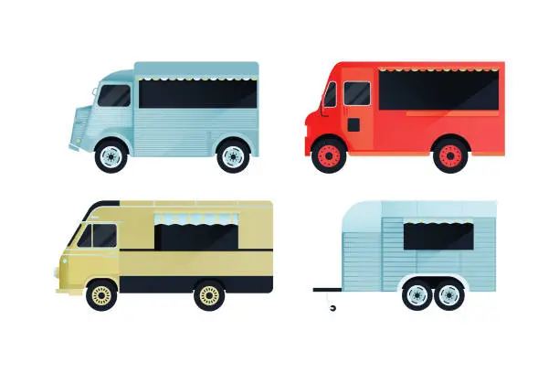 Vector illustration of Collection of Food Truck Side View. Modern Flat Vector Illustration. Colorful Street Food Truck Van. Social Media Template.