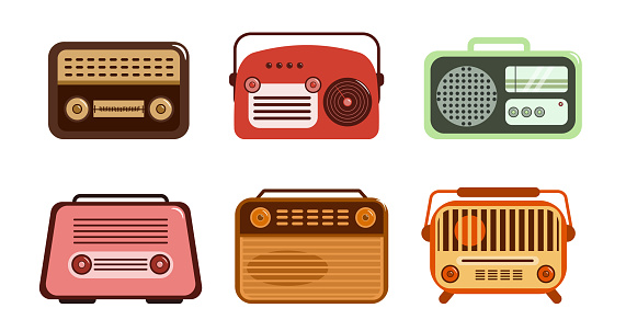 Set of colored retro radios in cartoon style. Vector illustration of vintage portable radio music players isolated on white background.