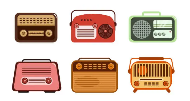 Vector illustration of Set of colored retro radios in cartoon style. Vector illustration of vintage portable radio music players isolated on white background.