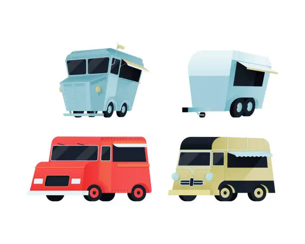 Vector illustration of Collection of Food Trucks Three-quarter view. Modern Flat Vector Illustration. Colorful Street Food Truck Van. Social Media Template.