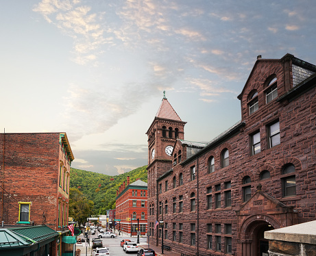 Autumn view of downtown Jim Thorpe PA with the Carbon County Courthouse building clock tower at right
