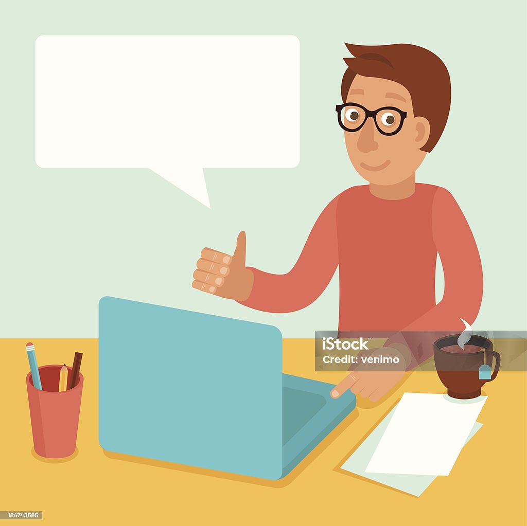Vector character working on laptop in flat style Vector character wearing glasses and working on his laptop in flat retro style Adult stock vector