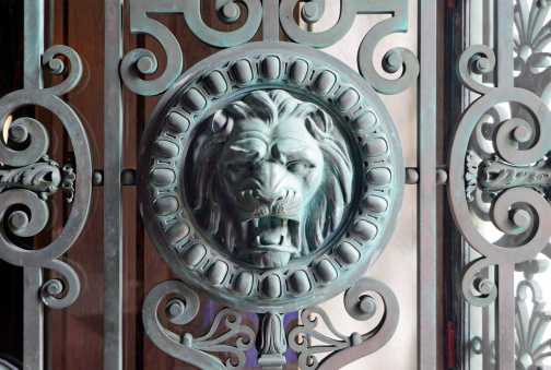 This elaborate iron gate features a lions head in the center medallion.