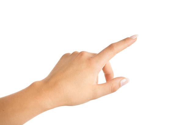 mano tocando la pantalla virtual-aislado sobre fondo blanco - human thumb pointing human finger human hand fotografías e imágenes de stock