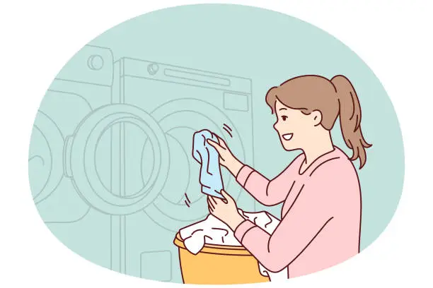 Vector illustration of Woman throws dirty laundry into washing machine to make laundry fresh and smell good. Vector image