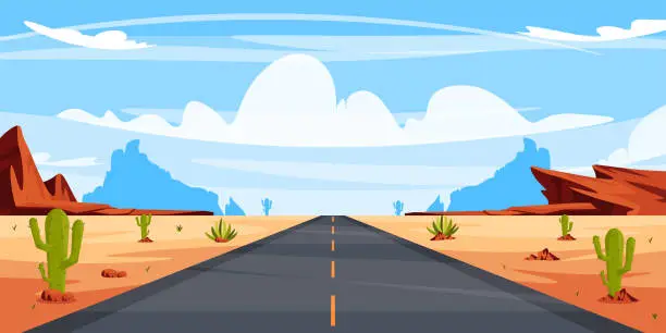 Vector illustration of Vector illustration of a summer landscape with an asphalt road in the desert. Cartoon landscape with an asphalt highway in the middle of the desert with mountains, hills.