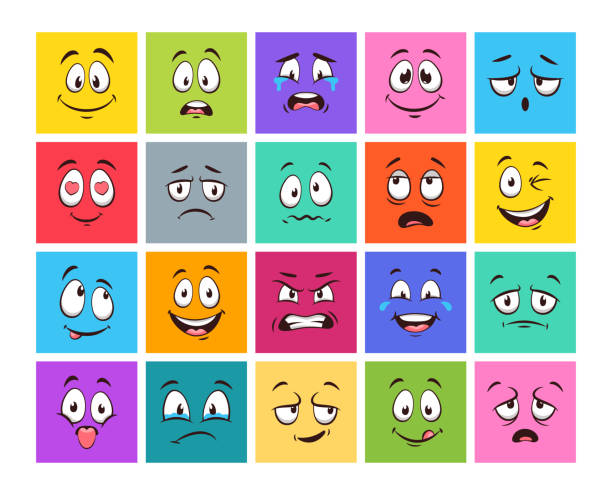 Face expressions icon set Face expressions. Vector icon set of cartoon character face expressions with smiling, laughing, dreaming, fall in love, sad, fear, crying, cheerful mouth and eyes. Emoji emotion in different mood. emotional series stock illustrations