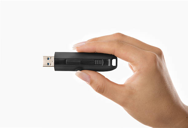 istock Woman hand showing USB flash storage on white 186745691