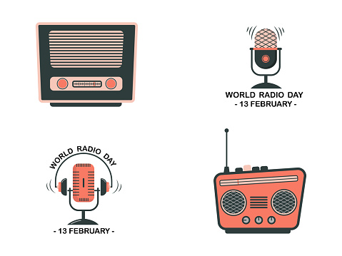 Collection of vector icons of DJ, music studio host, podcast. Vector illustration for World Radio Day. Colored radio station logo