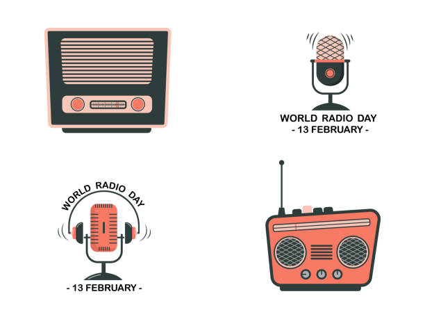 Collection of vector icons of DJ, music studio host, podcast. Vector illustration for World Radio Day. Colored radio station logo. Collection of vector icons of DJ, music studio host, podcast. Vector illustration for World Radio Day. Colored radio station logo radio station logo stock illustrations