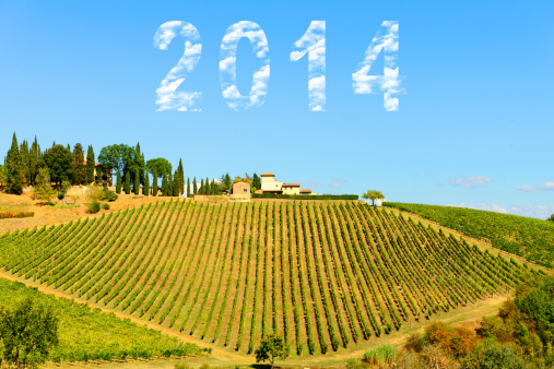 vineyard with 2014 Clouds text in the sky,Tuscany,Italy.