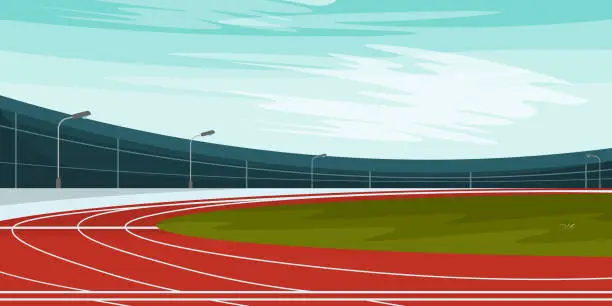 Vector illustration of Vector illustration of a beautiful outdoor sports stadium. Cartoon outdoor stadium with running track and green grass. Modern circular stadium.