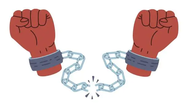 Vector illustration of Hands in shackles breaking chains, vector illustration isolated on white