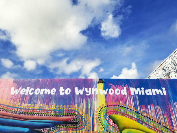 benvenuti al murale di wynwood miami dell'artista luis valle nel quartiere artistico di wynwood - art basel miami beach immagine foto e immagini stock