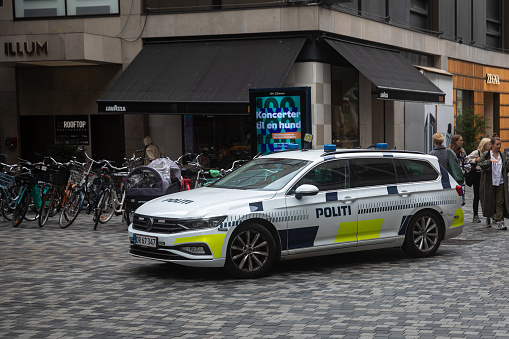 Joensuu, Finland - May 1, 2019: Finnish police controlling the streets of Joensuu during public holiday celebrations.