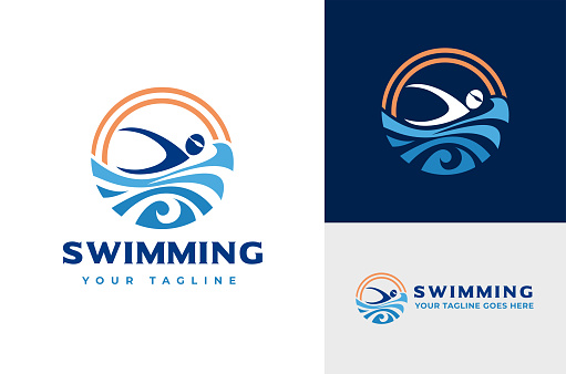 Illustration of a circular swimming pool, silhouette, sea, ocean, wave logo design
