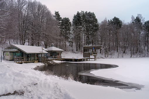 Mytäjärvi ice swimming spot in Lahti, Finland. December 03, 2023.