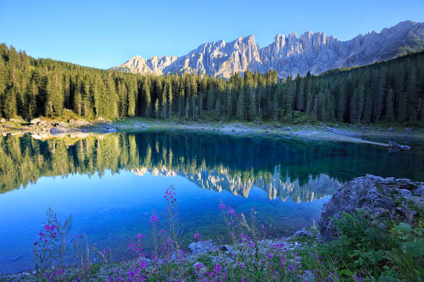 lac carezza et massif du latemar - latemar mountain range photos et images de collection