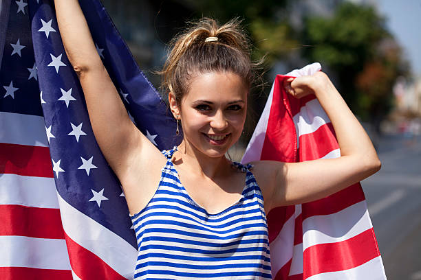 young woman with USA flag