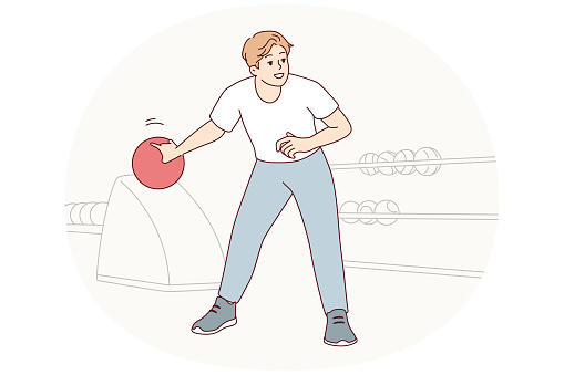 Man playing bowling swings hand to make great throw and knock down all pins. Guy with ball enjoys game of bowling competing with friends during Friday break after work. Flat vector design