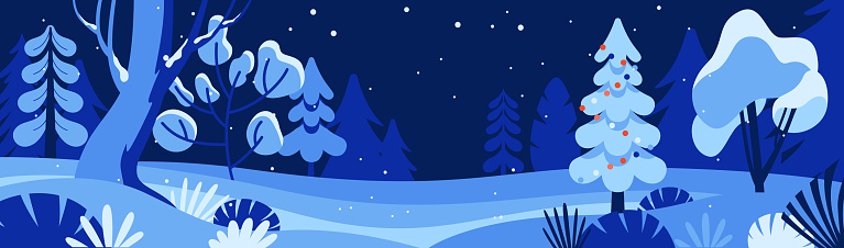 Vector illustration in trendy flat simple style - Merry  Christmas and Happy New Year greeting card and banner - winter landscape with trees