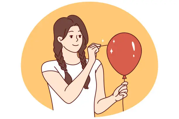 Vector illustration of Young woman in casual clothes pierces balloon with needle and looks forward smiling. Vector image
